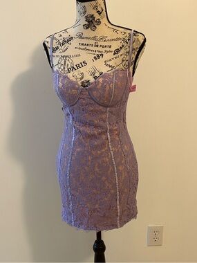 Fitted Lavender Lace Mini Dress with Structured Cups